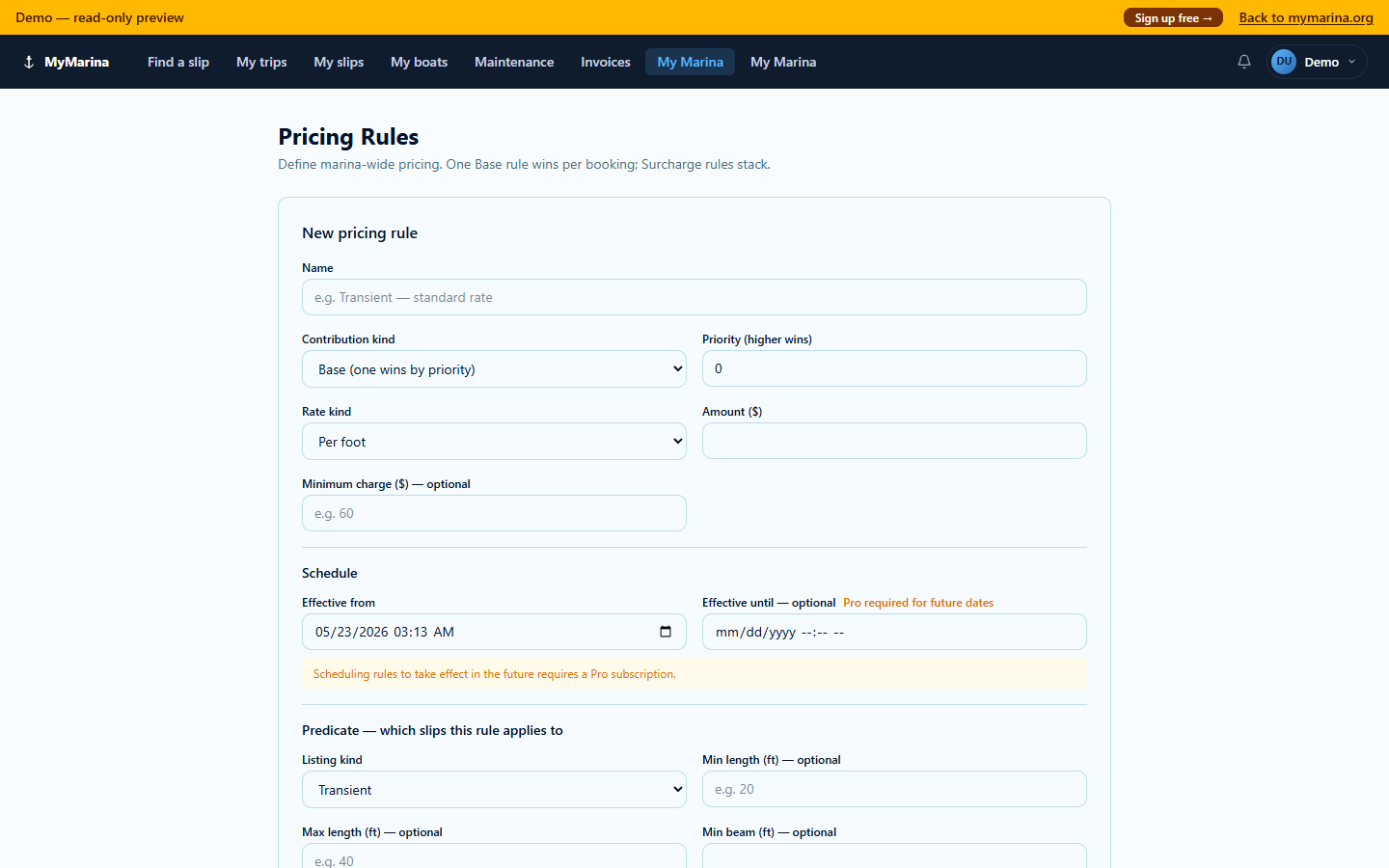 Pricing rules management page — create base rates and surcharges with size brackets, amenity filters, and scheduled future-dated price changes